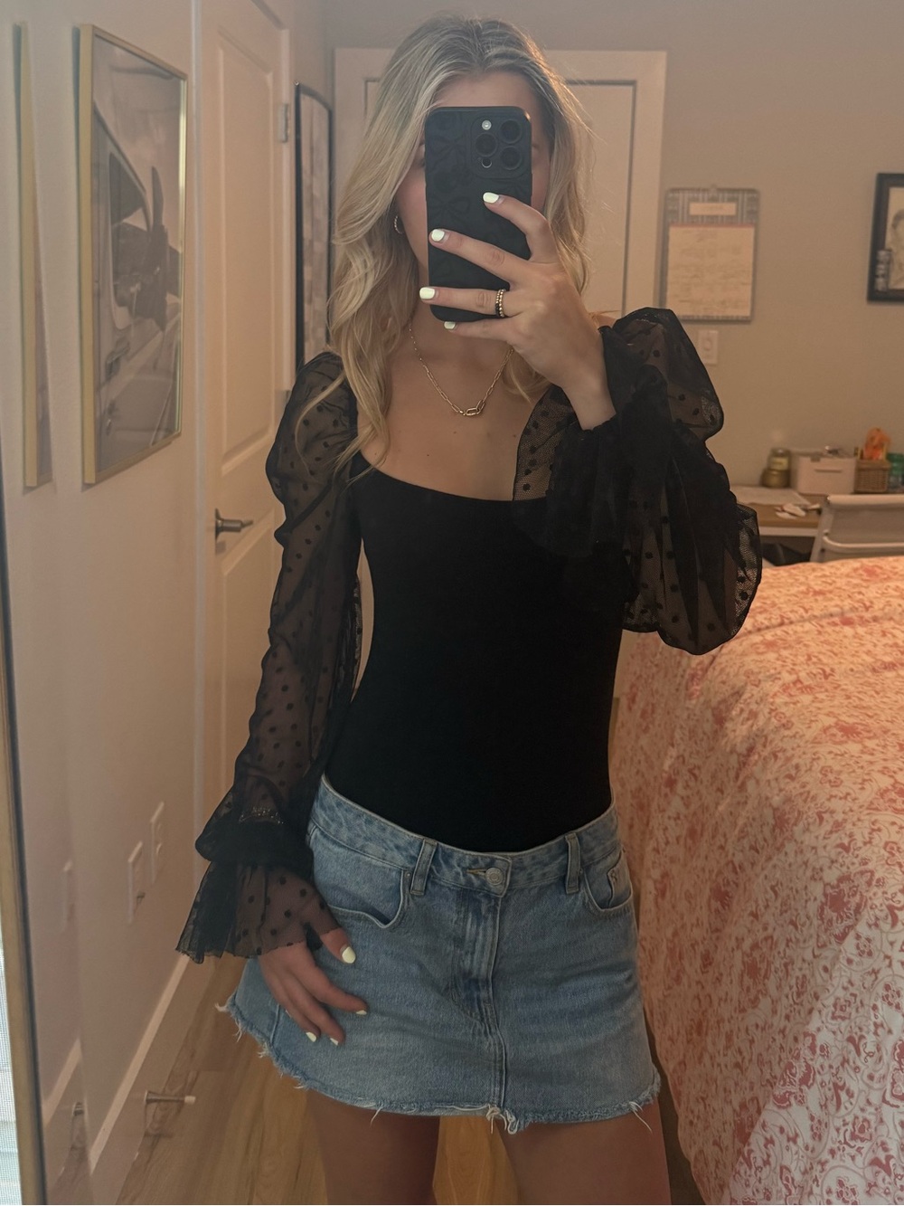 Black Puff-Sleeve Sheer Mesh Bodysuit - Women